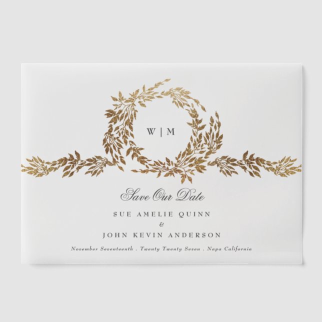 Monogram Gold Crest Classic Save The Date Vellum Invitations (Front)