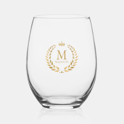 Monogram Gold Crown Laurel Wreath Stemless Wine Glass