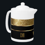Monogram Gold Damask and Black Teapot<br><div class="desc">Teapot. Monogram Gold Damask and Black Pattern Design. 📌If you need further customization, please click the "Click to Customize further" or "Customize or Edit Design" button and use our design tool to resize, rotate, change text color, add text and so much more. ⭐This Product is 100% Customizable. Graphics and /...</div>