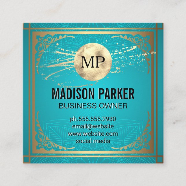 Monogram | Gold Decorative Border Square Business Card (Front)