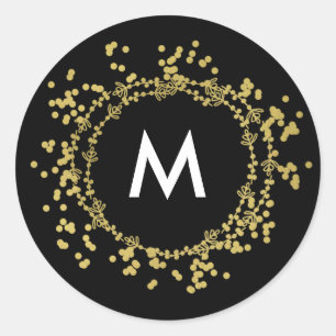 Monogram Gold Decorative Christmas Black Classic Round Sticker