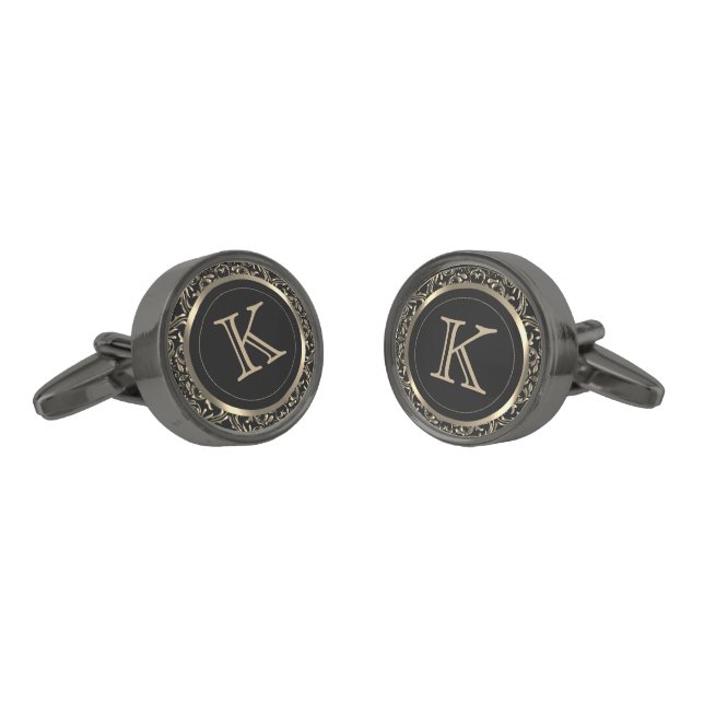 Monogram Gold Design on Black Background Cufflinks (Angled)