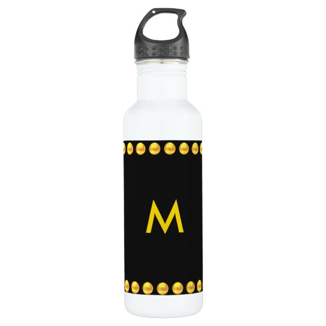 Monogram & Gold Dotted Stripes on Black Stainless Steel Water Bottle (Front)