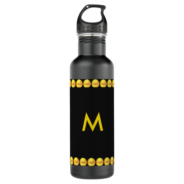 Monogram & Gold Dotted Stripes on Black Stainless Steel Water Bottle (Front)