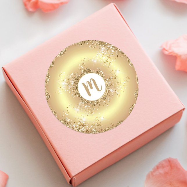 Monogram gold doughnut sparkle glitter bold glam classic round sticker (Creator Uploaded)