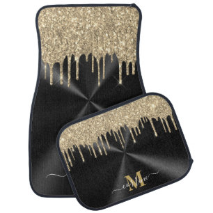 Monogram Gold Dripping Glitter Metallic Black Set Car Floor Mat
