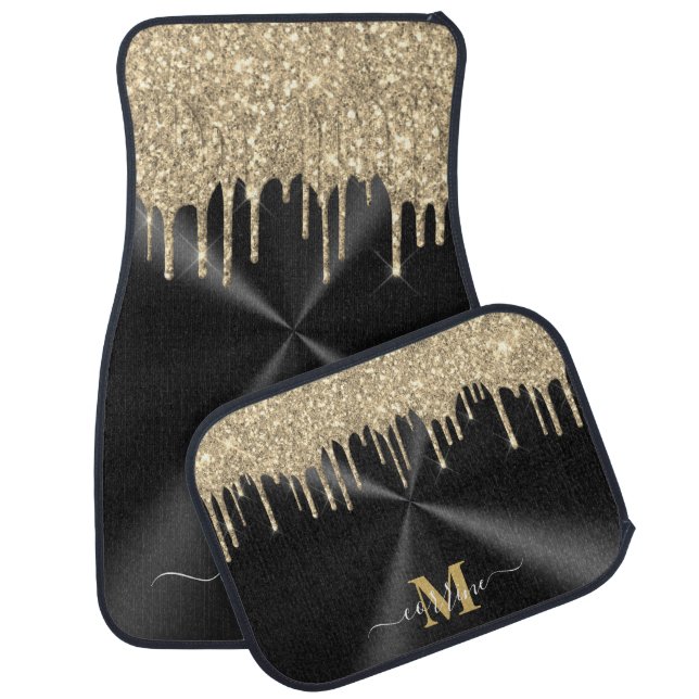 Monogram Gold Dripping Glitter Metallic Black Set Car Floor Mat (Set)