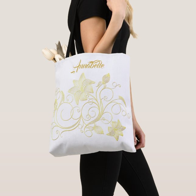 Monogram Gold Filigree Flower & Ivy on White  Tote Bag (Close Up)
