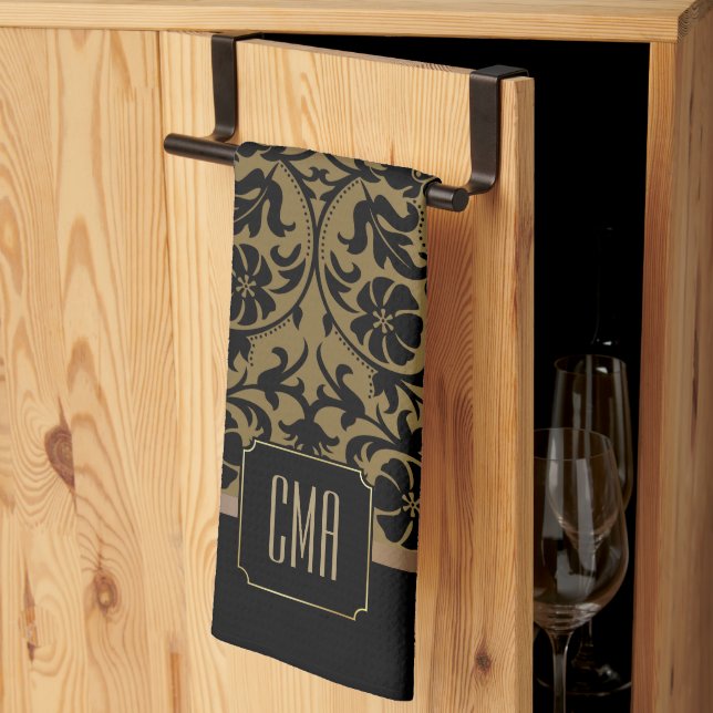 Monogram  Gold & Floral Damask Pattern Kitchen Tow Kitchen Towel (Thirds Fold)