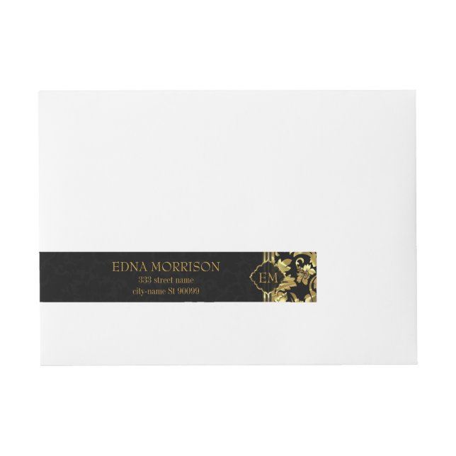 Monogram Gold Floral Damask Wrap Around Address Label (Front)