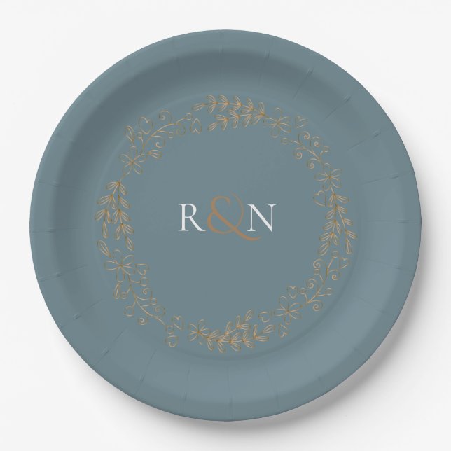 Monogram Gold Floral Laurel Garland Paper Plates (Front)