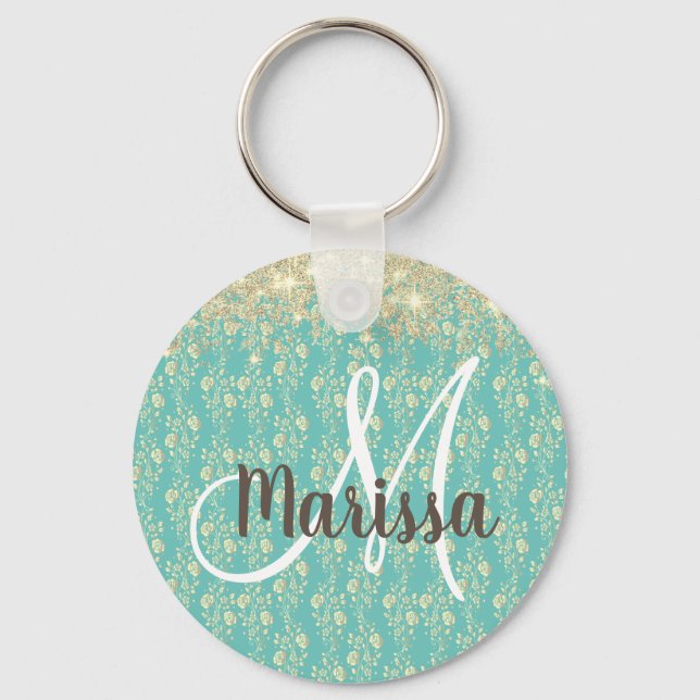 Monogram Gold Floral on Green  Keychain (Front)