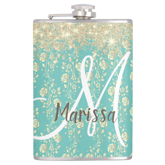 Monogram Gold Floral on Green Teal Flask (Front)