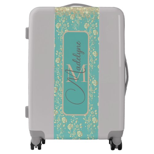Monogram Gold Floral on Green Teal Luggage