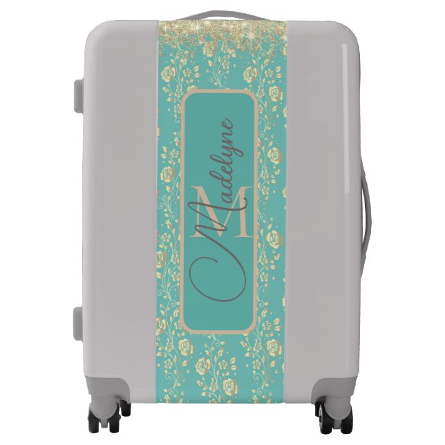 Monogram Gold Floral on Green Teal Luggage (Front)