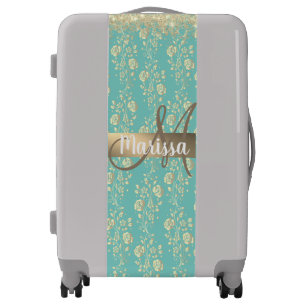 Monogram Gold Floral on Green Teal Luggage