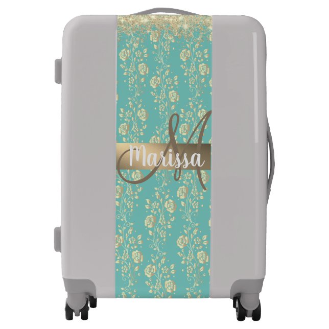 Monogram Gold Floral on Green Teal Luggage (Front)