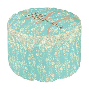 Monogram Gold Floral on Green Teal Pouf