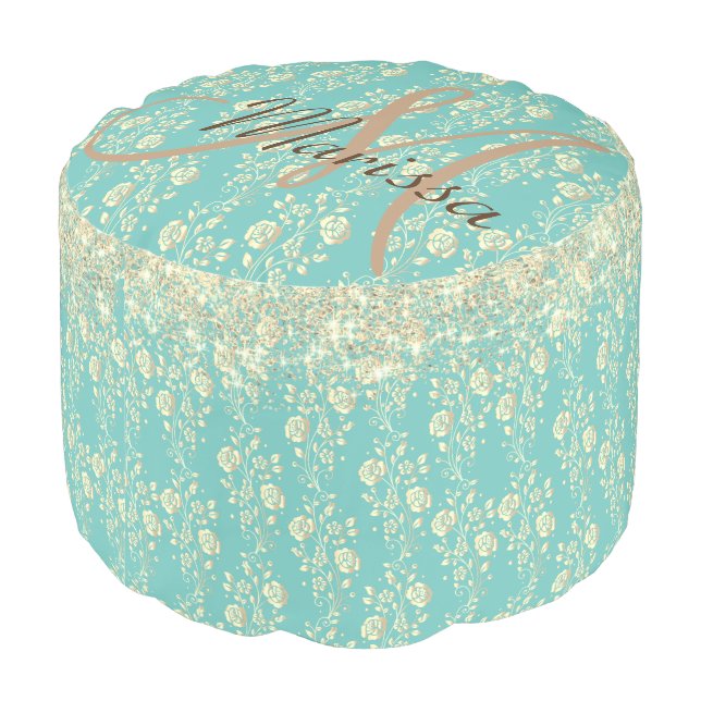 Monogram Gold Floral on Green Teal Pouf (Angled Back)