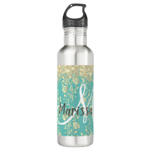 Monogram Gold Floral on Green Teal Stainless Steel Water Bottle