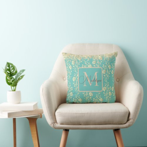 Monogram Gold Floral on Green Teal Throw Pillow