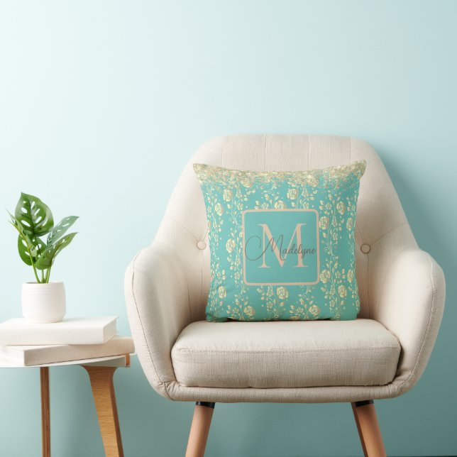 Monogram Gold Floral on Green Teal Throw Pillow (Chair)