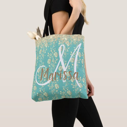 Monogram Gold Floral on Green Teal Tote Bag