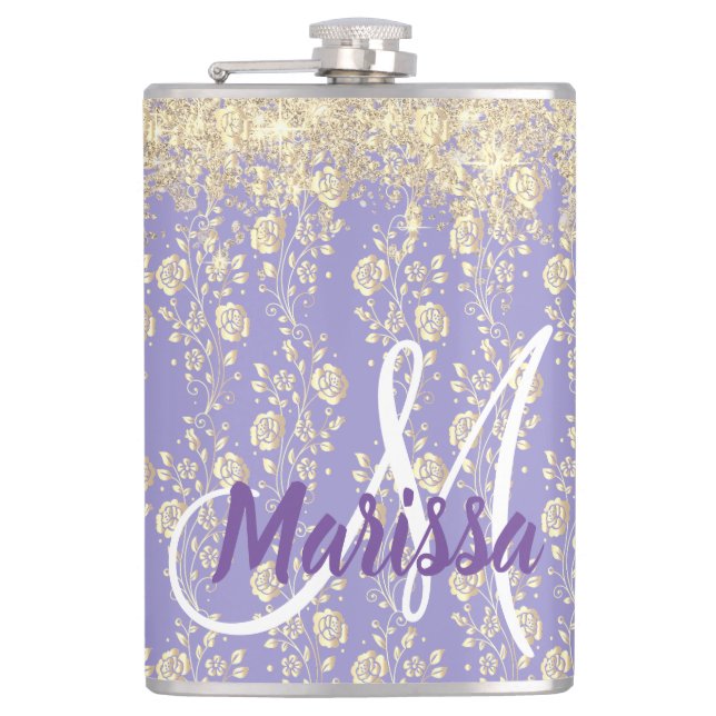 Monogram Gold Floral on Lavender           Flask (Front)