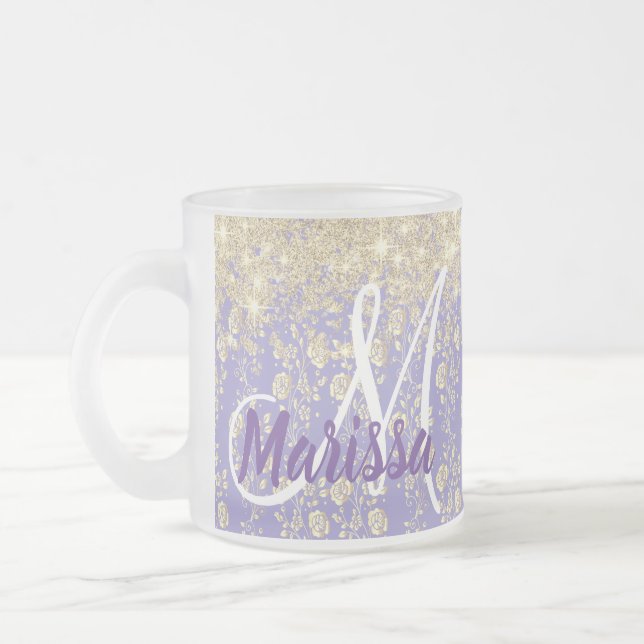 Monogram Gold Floral on Lavender         Frosted Glass Coffee Mug (Left)