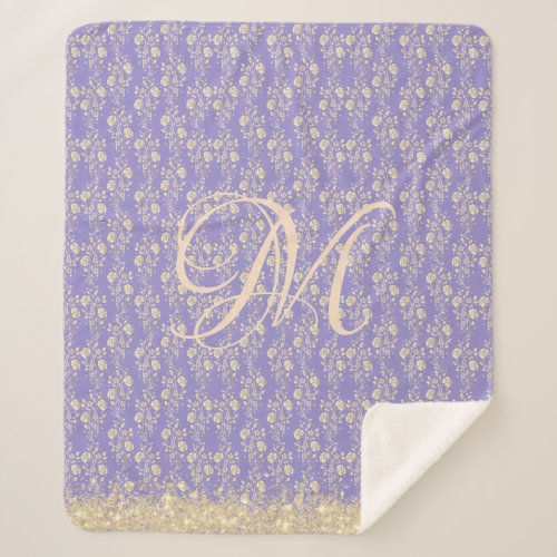 Monogram Gold Floral on Lavender         Sherpa Bl Sherpa Blanket