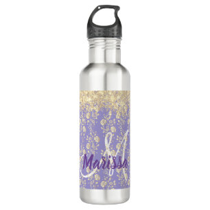 Monogram Gold Floral on Lavender          Stainless Steel Water Bottle