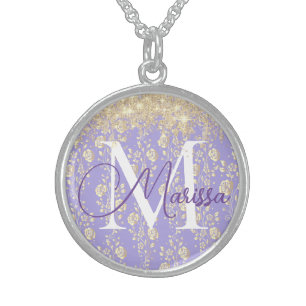 Monogram Gold Floral on Lavender         Sterling  Silver Necklace