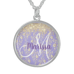 Monogram Gold Floral on Lavender         Sterling Silver Necklace