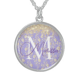 Monogram Gold Floral on Lavender         Sterling  Sterling Silver Necklace