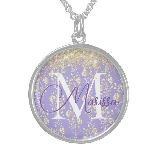 Monogram Gold Floral on Lavender         Sterling  Sterling Silver Necklace (Front)