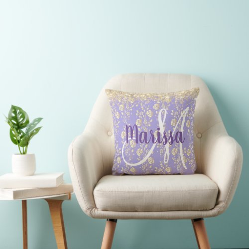 Monogram Gold Floral on Lavender  Throw Pillow