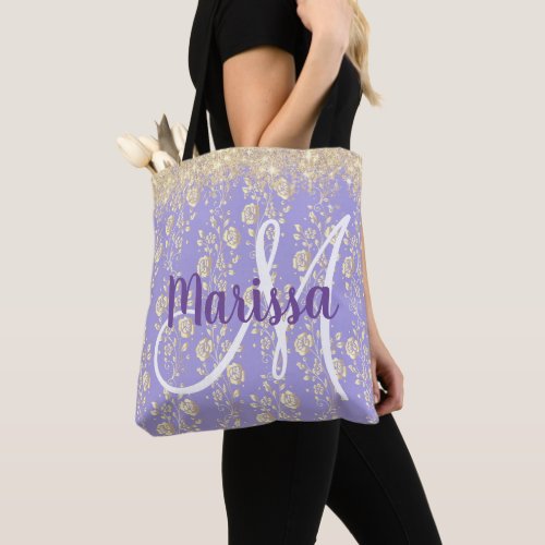 Monogram Gold Floral on Lavender Tote Bag