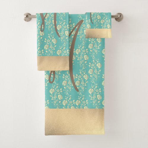 Monogram Gold Floral on Teal Green Bath Towel Set