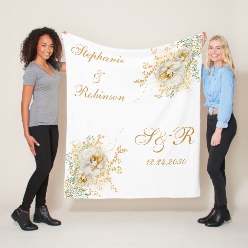Monogram Gold Floral Wedding Gift  Fleece Blanket