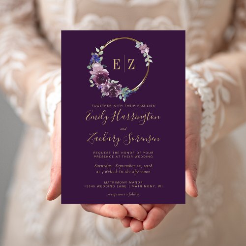 Monogram Gold Floral Wreath Purple Wedding Invitation