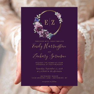 Monogram Gold Floral Wreath Purple Wedding Invitation
