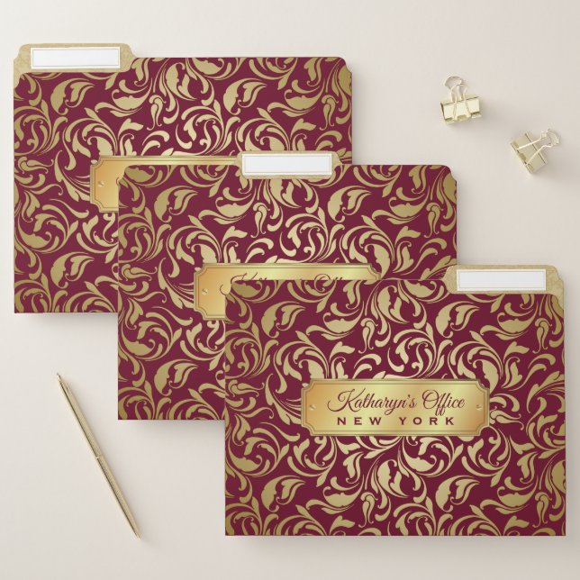 Monogram Gold Flourish Burgundy Luxe Nameplate File Folder (Set)