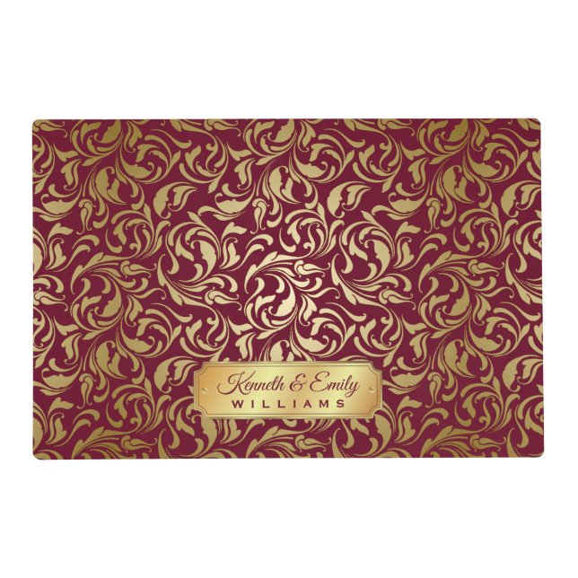 Monogram Gold Flourish Burgundy Luxe Nameplate Placemat (Front)