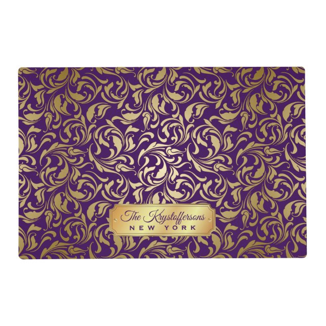 Monogram Gold Flourish Royal Purple Luxe Nameplate Placemat (Front)