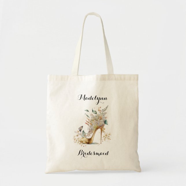 Monogram Gold Flower High Heel Shoe Bridesmaid Tote Bag (Front)