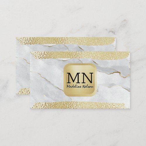 Monogram  Gold Foil Brushed  White Marble Business Card