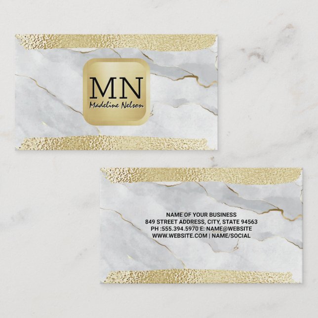 Monogram | Gold Foil Brushed | White Marble Business Card (Front/Back)