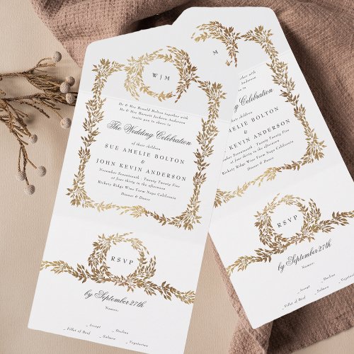 Monogram Gold Foil Crest Classic Elegant Wedding All In One Invitation