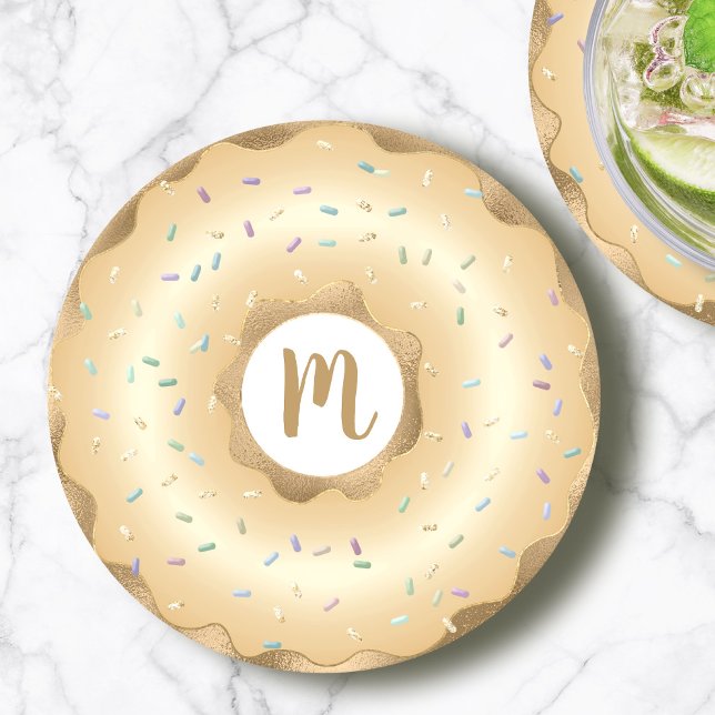 Monogram gold foil doughnut script bold luxury round paper coaster (Creator Uploaded)