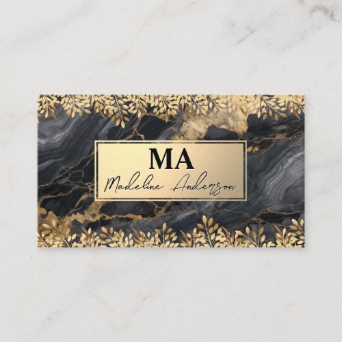 Monogram  Gold Foil Leaves  Black Marble Business Card